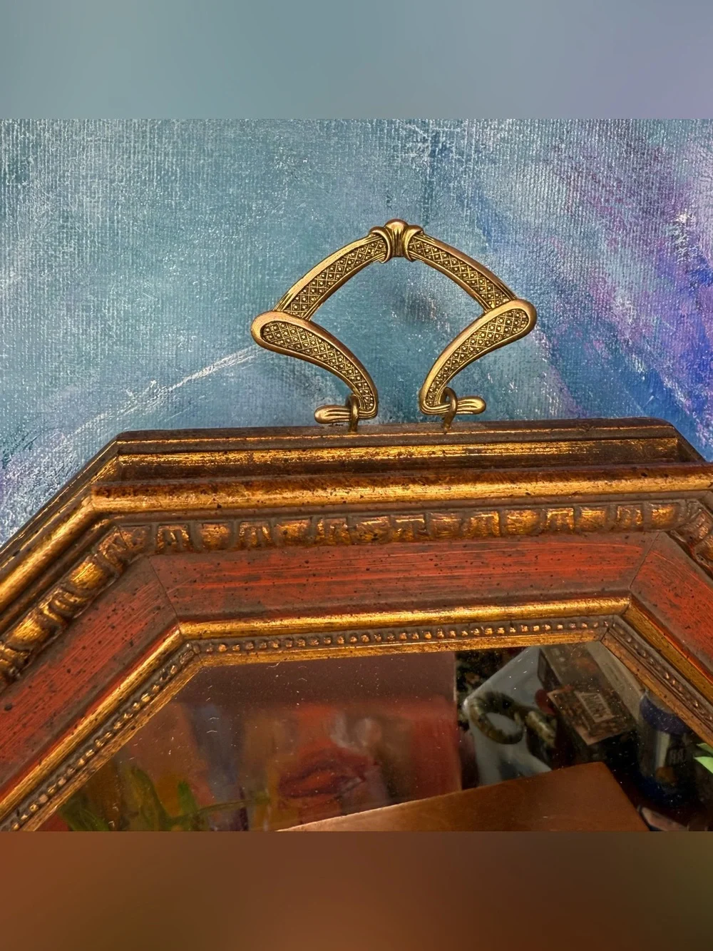 Vintage Octagon Mirror Sungott Art Studios Gold & Red Wood Frame Art Deco